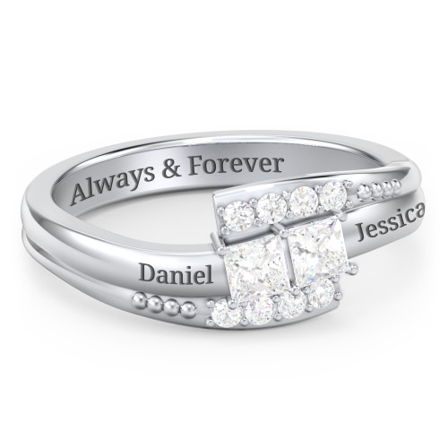 Engravable Bypass Ring with Princess Cut Gemstones and Accents – Sterling Silver with Diamond