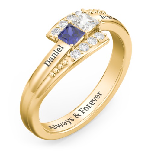 Engravable Bypass Ring with Princess Cut Gemstones and Accents – 9kt Yellow Gold with Blue Sapphire, Cubic Zirconia, and White Premium Zirconia