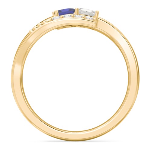 Engravable Bypass Ring with Princess Cut Gemstones and Accents – 9kt Yellow Gold with Blue Sapphire, Cubic Zirconia, and White Premium Zirconia
