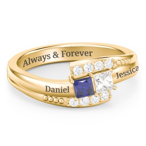 Engravable Bypass Ring with Princess Cut Gemstones and Accents – 9kt Yellow Gold with Blue Sapphire, Cubic Zirconia, and White Premium Zirconia