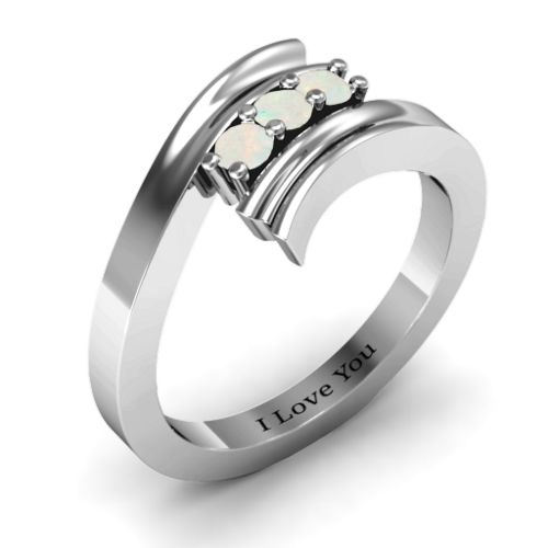Three Stone Ridged Bypass Ring – Sterling Silver with Opal