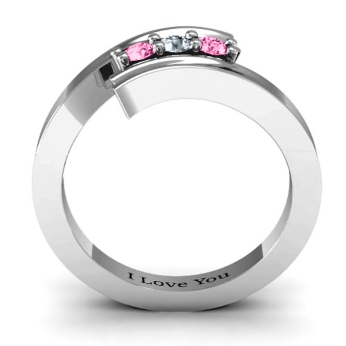 Three Stone Ridged Bypass Ring – Sterling Silver with Pink Tourmaline and Cubic Zirconia