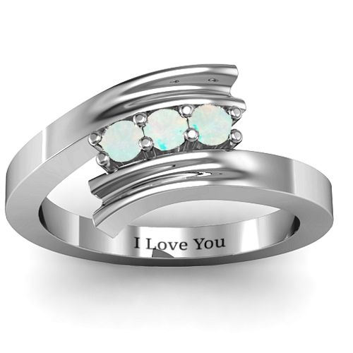 Three Stone Ridged Bypass Ring – Sterling Silver with Opal