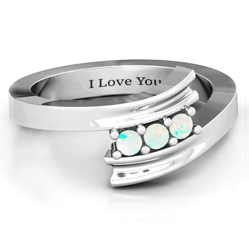 Three Stone Ridged Bypass Ring – Sterling Silver with Opal