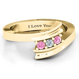 Three Stone Ridged Bypass Ring in 9K Solid Yellow Gold with Pink Tourmaline and Cubic Zirconia