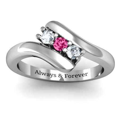 Three Stone Classic Bypass Ring – Sterling Silver with Cubic Zirconia and Ruby