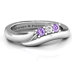 Three Stone Single Bypass Ring – Sterling Silver with Amethyst and Cubic Zirconia