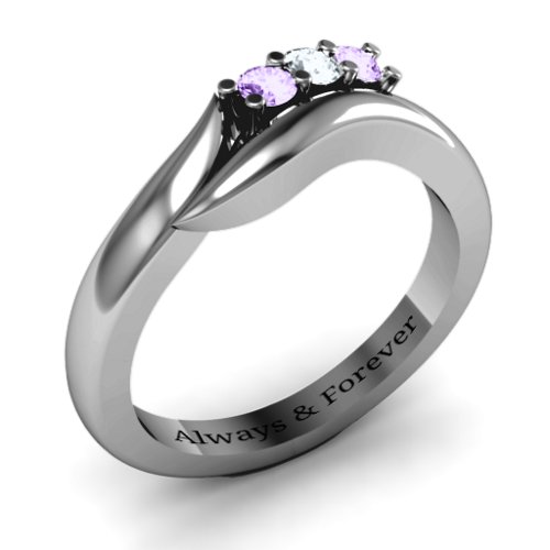 Three Stone Single Bypass Ring – Sterling Silver with Amethyst and Cubic Zirconia