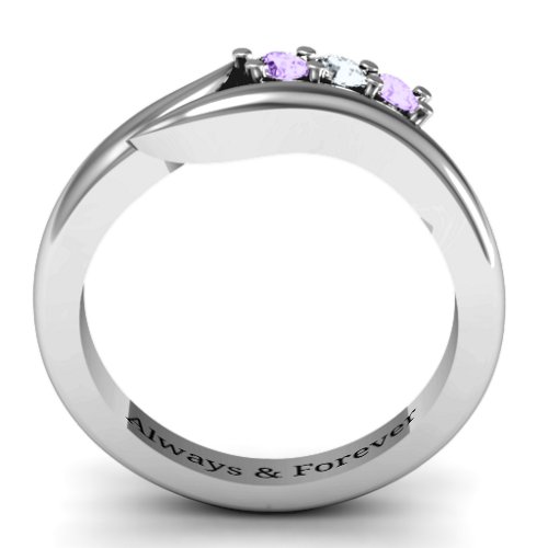 Three Stone Single Bypass Ring – Sterling Silver with Amethyst and Cubic Zirconia