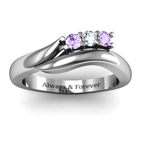Three Stone Single Bypass Ring – Sterling Silver with Amethyst and Cubic Zirconia