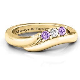 Three Stone Single Bypass Ring in 9K Solid Yellow Gold with Amethyst, White Premium Zirconia, and Amethyst Premium Zirconia