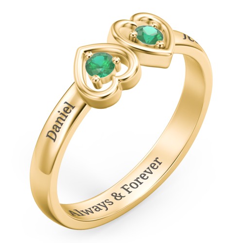 Inverted Kissing Hearts Ring – 18K Gold Plated Silver with Emerald