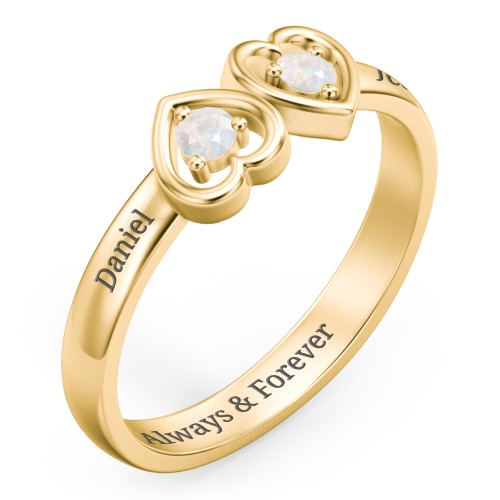 Inverted Kissing Hearts Ring – 18K Gold Plated Silver with Opal