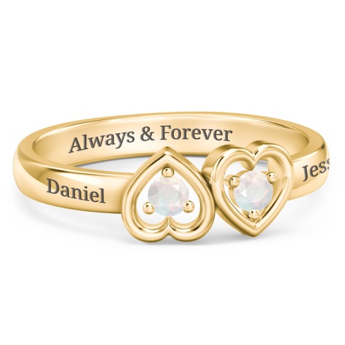 Inverted Kissing Hearts Ring – 18K Gold Plated Silver with Opal