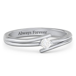 Double Line Bypass Ring in 925 Sterling Silver with Diamond and Cubic Zirconia