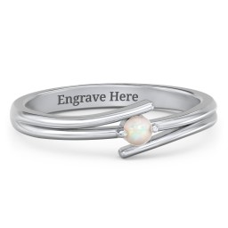 Double Line Bypass Ring in 925 Sterling Silver with Opal and Cubic Zirconia