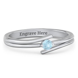 Double Line Bypass Ring in 925 Sterling Silver with Blue Topaz and Cubic Zirconia
