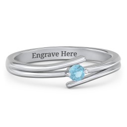 Double Line Bypass Ring in 925 Sterling Silver with Blue Topaz and Cubic Zirconia