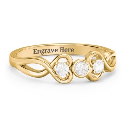 Twin Hearts with Centre Bezel Ring in 18K Gold Plated Silver with Cubic Zirconia