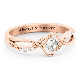 Solitaire Princess Cut Ring with Twisted Split Shank and Accents