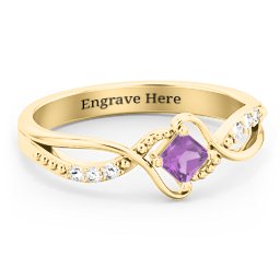 Solitaire Princess Cut Ring with Twisted Split Shank and Accents in 18K Gold Plated Silver with Amethyst