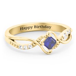 Solitaire Princess Cut Ring with Twisted Split Shank and Accents in 18K Gold Plated Silver with Blue Sapphire