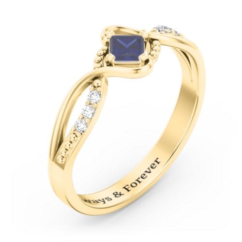 Solitaire Princess Cut Ring with Twisted Split Shank and Accents