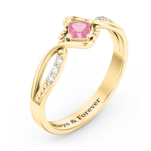 Solitaire Princess Cut Ring with Twisted Split Shank and Accents – 18K Gold Plated Silver with Pink Tourmaline and Cubic Zirconia