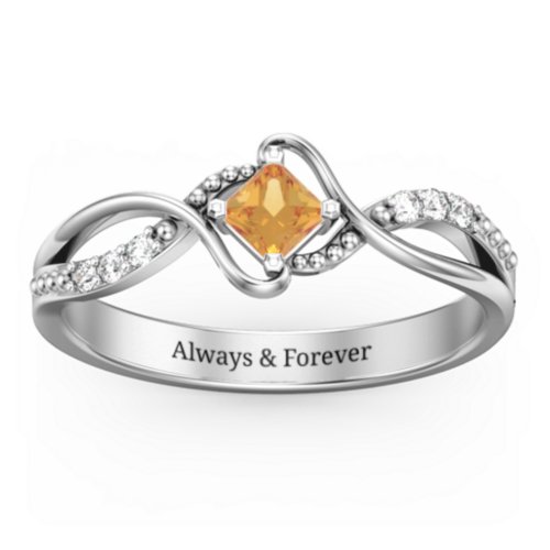 Solitaire Princess Cut Ring with Twisted Split Shank and Accents