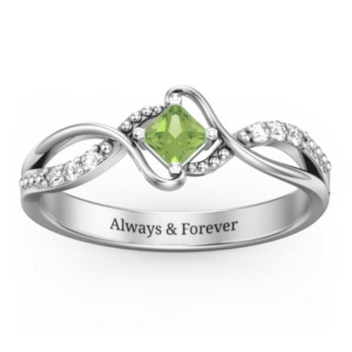 Solitaire Princess Cut Ring with Twisted Split Shank and Accents