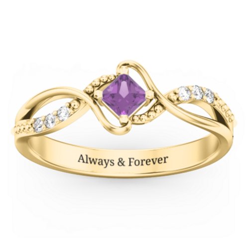 Solitaire Princess Cut Ring with Twisted Split Shank and Accents – 18K Gold Plated Silver with Amethyst and Cubic Zirconia