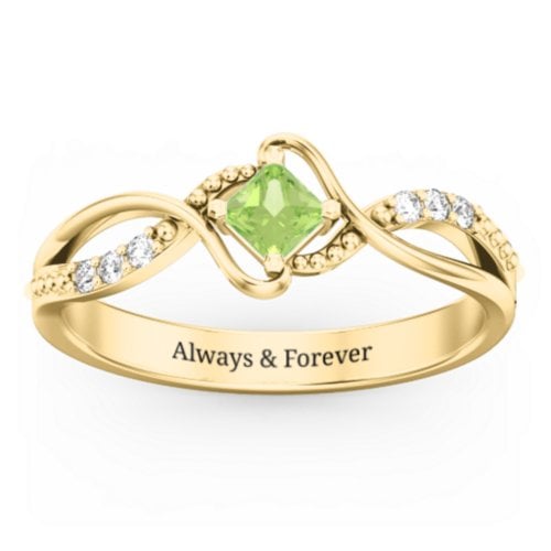 Solitaire Princess Cut Ring with Twisted Split Shank and Accents