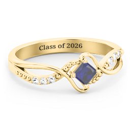 Solitaire Princess Cut Ring with Twisted Split Shank and Accents in 18K Gold Plated Silver with Blue Sapphire