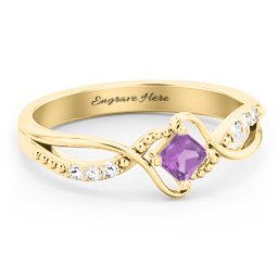 Solitaire Princess Cut Ring with Twisted Split Shank and Accents in 18K Gold Plated Silver with Amethyst