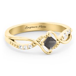 Solitaire Princess Cut Ring with Twisted Split Shank and Accents in 18K Gold Plated Silver with Smokey Quartz
