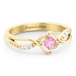 Solitaire Princess Cut Ring with Twisted Split Shank and Accents in 18K Gold Plated Silver with Pink Tourmaline