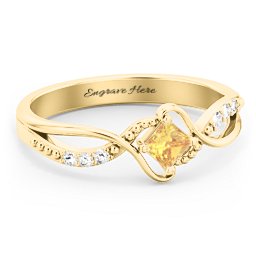 Solitaire Princess Cut Ring with Twisted Split Shank and Accents in 18K Gold Plated Silver with Citrine