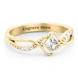 Solitaire Princess Cut Ring with Twisted Split Shank and Accents in 18K Gold Plated Silver with Cubic Zirconia