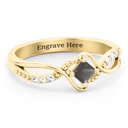 Solitaire Princess Cut Ring with Twisted Split Shank and Accents in 18K Gold Plated Silver with Smokey Quartz