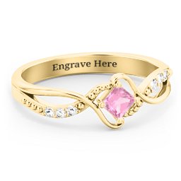 Solitaire Princess Cut Ring with Twisted Split Shank and Accents in 18K Gold Plated Silver with Pink Tourmaline
