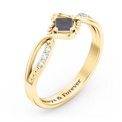 Solitaire Princess Cut Ring with Twisted Split Shank and Accents – 18K Gold Plated Silver with Alexandrite and Cubic Zirconia