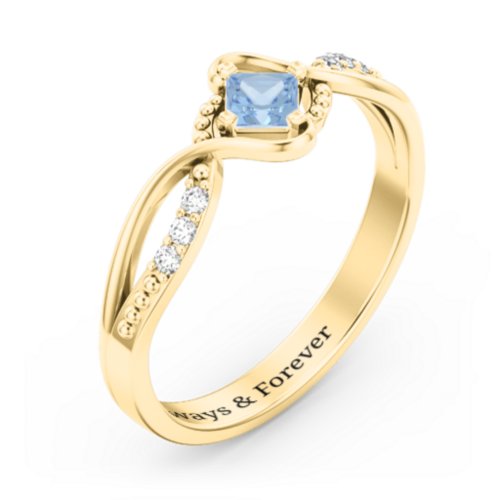 Solitaire Princess Cut Ring with Twisted Split Shank and Accents – 18K Gold Plated Silver with Blue Topaz and Cubic Zirconia