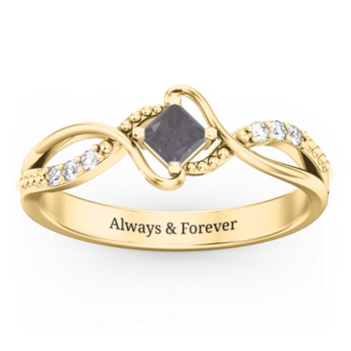 Solitaire Princess Cut Ring with Twisted Split Shank and Accents – 18K Gold Plated Silver with Alexandrite and Cubic Zirconia