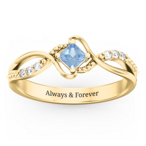 Solitaire Princess Cut Ring with Twisted Split Shank and Accents – 18K Gold Plated Silver with Blue Topaz and Cubic Zirconia