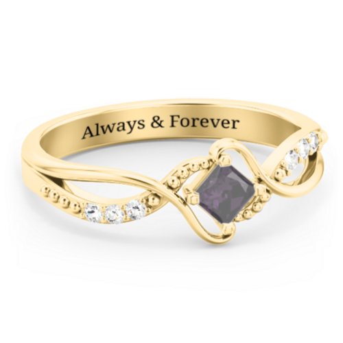 Solitaire Princess Cut Ring with Twisted Split Shank and Accents – 18K Gold Plated Silver with Alexandrite and Cubic Zirconia