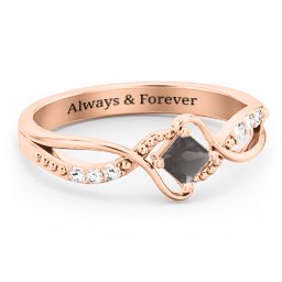 Solitaire Princess Cut Ring with Twisted Split Shank and Accents in 9K Solid Rose Gold with Smokey Quartz