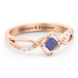 Solitaire Princess Cut Ring with Twisted Split Shank and Accents in 9K Solid Rose Gold with Blue Sapphire