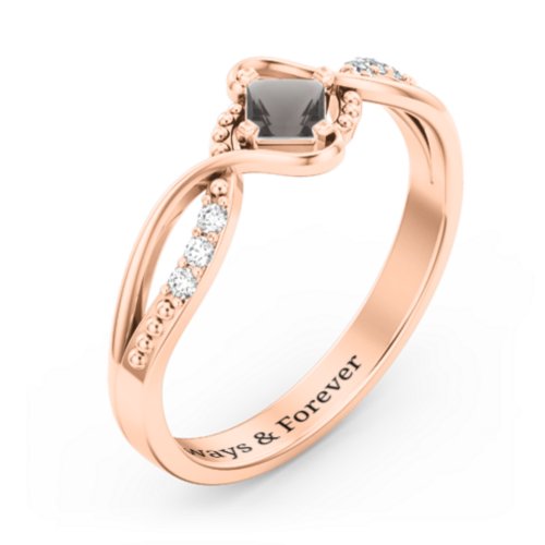 Solitaire Princess Cut Ring with Twisted Split Shank and Accents – 9kt Rose Gold with Smokey Quartz and Cubic Zirconia