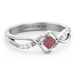 Solitaire Princess Cut Ring with Twisted Split Shank and Accents in 925 Sterling Silver with Ruby