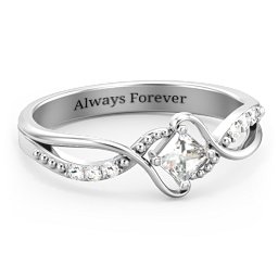 Solitaire Princess Cut Ring with Twisted Split Shank and Accents in 925 Sterling Silver with Diamond